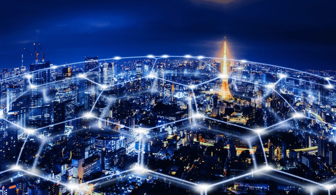 Smart network and Connection technology concept with tokyo city background at night in Japan, Panorama view